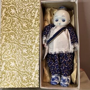 Vintage Blue and White Delft Style Porcelain Asian Doll 11”